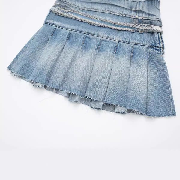 Wide Pleated Waistband Mini Denim Skirt - Image 3