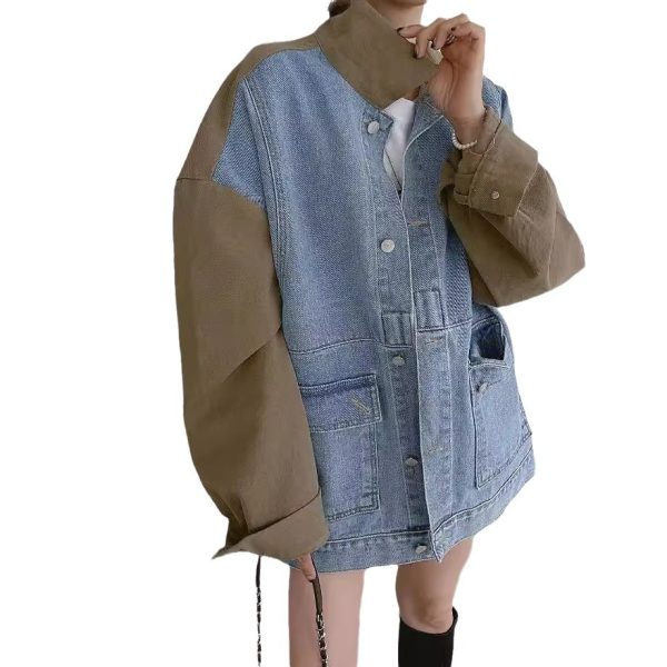 All-matching Fashion Color Contrast Stitching Denim Baggy Coat Women - Image 5