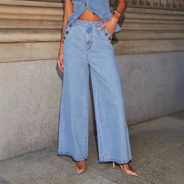 Fashion Sleeveless Denim Suit Wide Leg Pants - Image 2