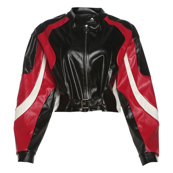 Motorcycle Slim Round Neck PU Leather Jacket - Image 6