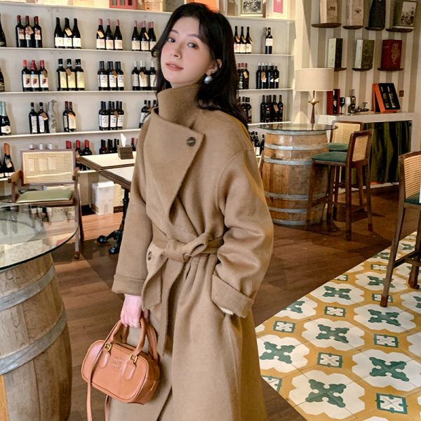 Women's Large Lapel Pure Color Tied Warm Reversible Woolen Coat - Image 7