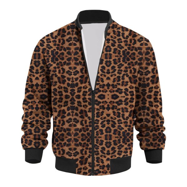 Autumn Vintage Leopard Print Pattern Men's Zipper Jacket Fleece-lined Long Sleeve Coat - Image 4