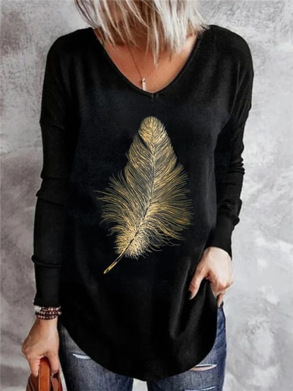 Women's Casual V-neck Bottoming Long-sleeved Printed T-shirt - Image 5