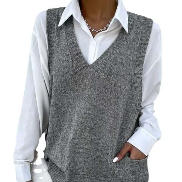 Women's Loose V-neck Double Pocket Knitted Sleeveless Sweater Waistcoat - Image 4