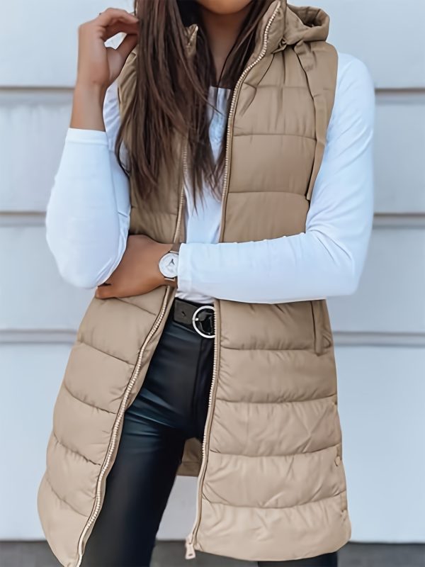 Solid Color Hooded Quilted Zipper Cotton Vest Coat - Image 7