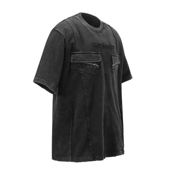 High Street Retro Workwear Zipper Pocket Decoration Washed Distressed Short Sleeve - Image 4