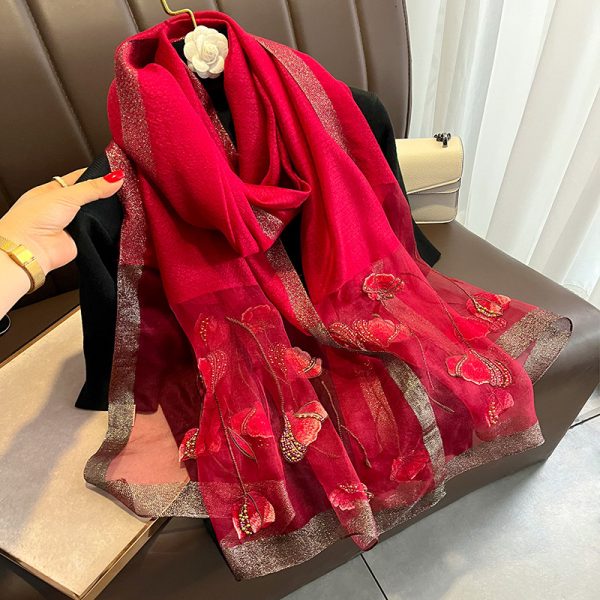 Chinese Style Pearl Flower Scarf Women's Embroidered Silk Scarf Warm Shawl - Image 6