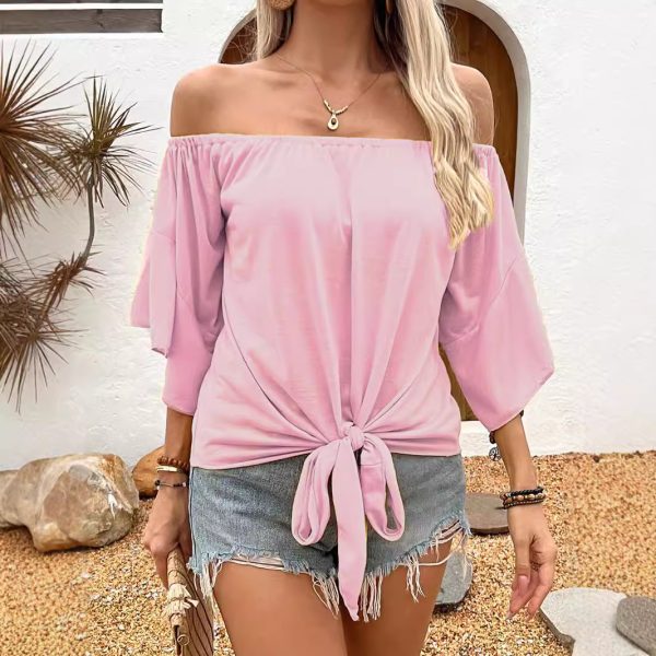 Summer Fall Women's Clothing Solid Color Off-shoulder Casual T-shirt Top - Image 4