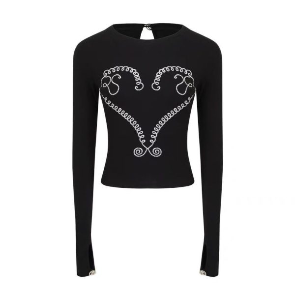 Women's Heavy Embroidery Hot Drilling Cotton Long-sleeved T-shirt - Image 7