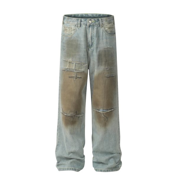 Women's American Retro Worn Design Loose Denim Trousers - Image 5