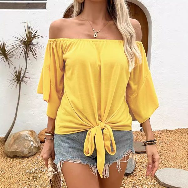 Summer Fall Women's Clothing Solid Color Off-shoulder Casual T-shirt Top - Image 2