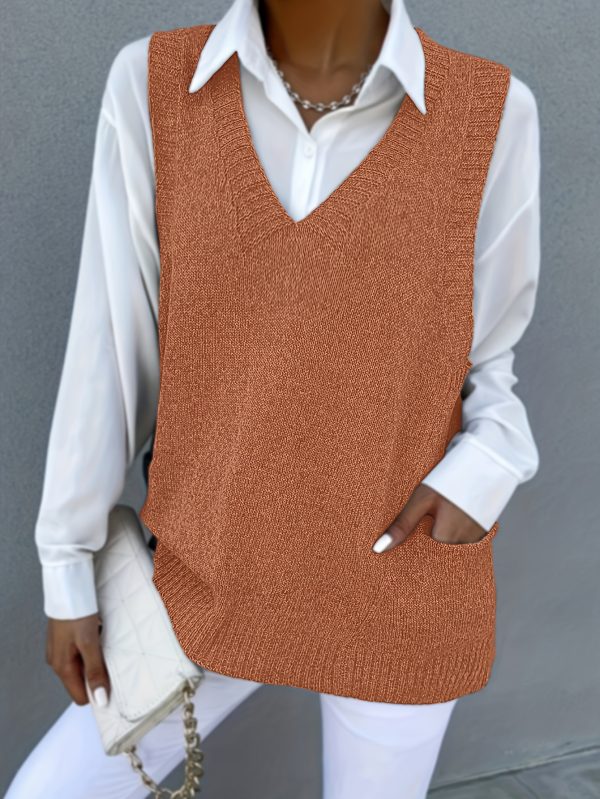 Women's Loose V-neck Double Pocket Knitted Sleeveless Sweater Waistcoat - Image 7