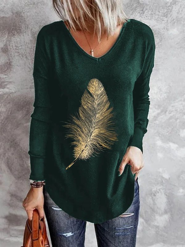 Women's Casual V-neck Bottoming Long-sleeved Printed T-shirt - Image 3