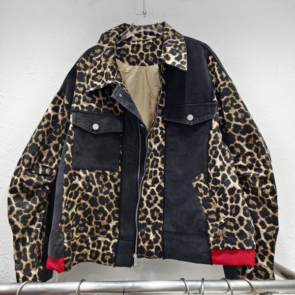 Denim Stitching Leopard Print Red Loose Motorcycle Clothing Jacket Coat - Image 6