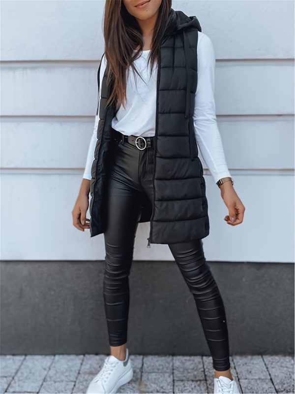 Solid Color Hooded Quilted Zipper Cotton Vest Coat - Image 5