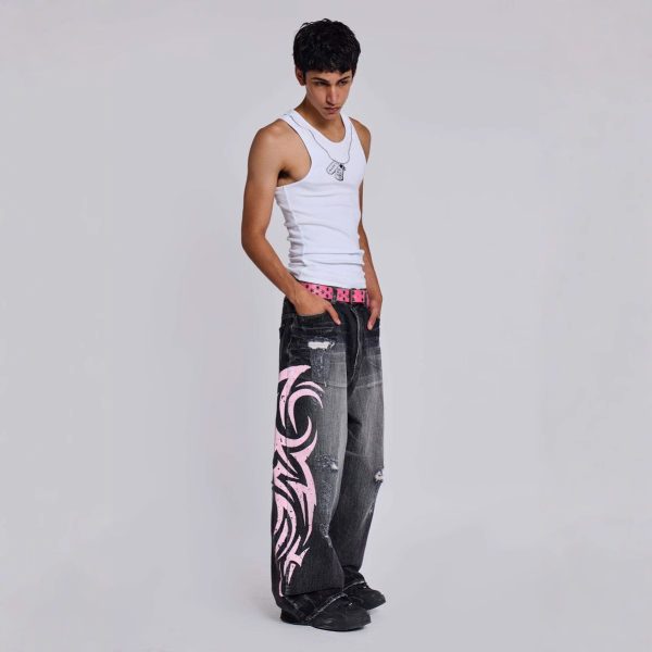 Water Washed Hole Printed Jeans - Image 4