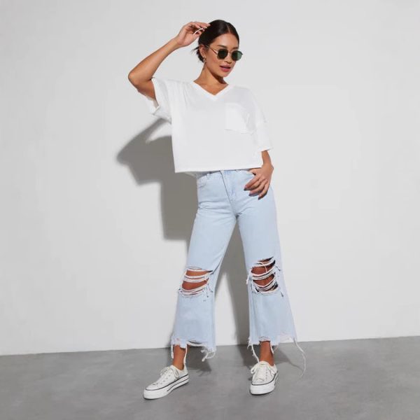 Women's Casual Loose Mid Waist Ripped Cropped Jeans - Image 2