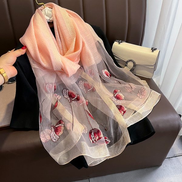 Chinese Style Pearl Flower Scarf Women's Embroidered Silk Scarf Warm Shawl - Image 8