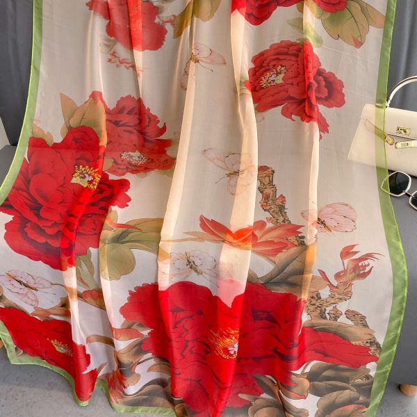 Peony Silk Scarf Women's Long Sun Protection - Image 6