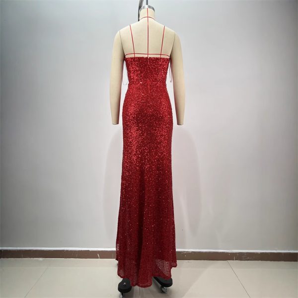 Drop-shaped Diamond Sexy Low-cut High Sitt Red Paillette Tube Coat And Dress - Image 4