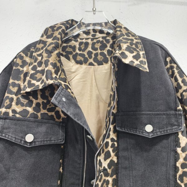 Denim Stitching Leopard Print Red Loose Motorcycle Clothing Jacket Coat - Image 2