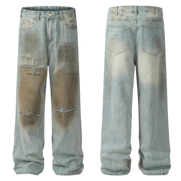 Women's American Retro Worn Design Loose Denim Trousers - Image 4