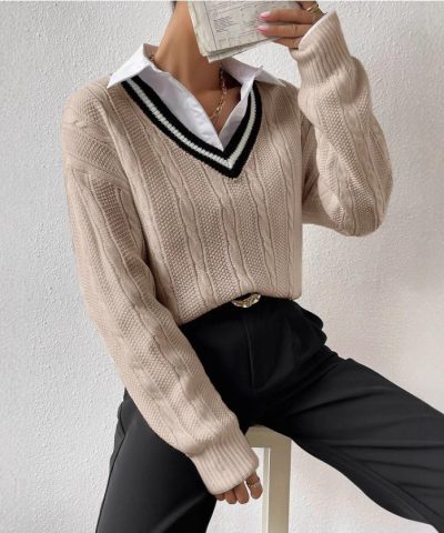 V-neck Pullover Knitted Sweater Fashion