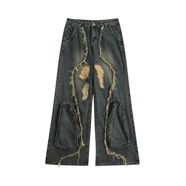 High Street Re-niche Deconstruction Tassel Hole Denim Men's Pants - Image 3