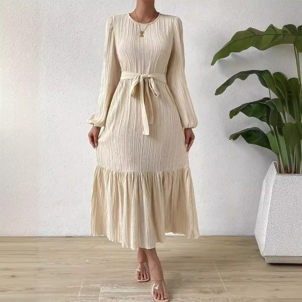 Pullover Round Neck Lantern Sleeve Zou Stripe Dress - Image 3