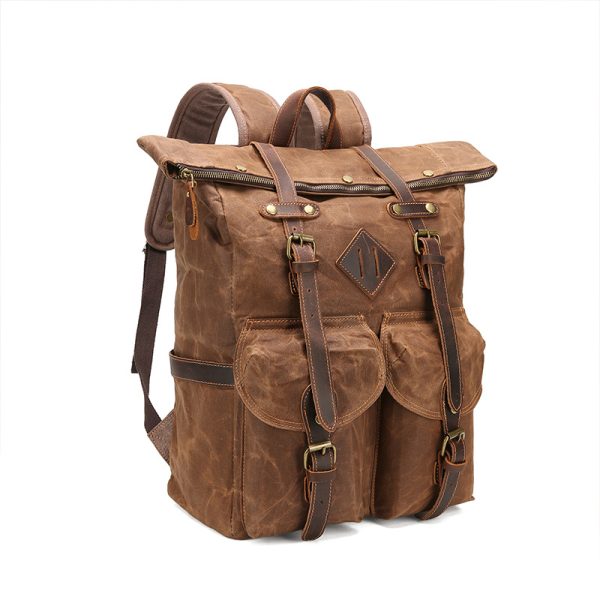 Retro Waterproof Crazy Horse Leather Canvas Large Capacity Backpack - Image 2