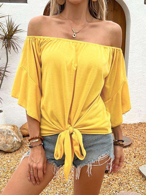 Summer Fall Women's Clothing Solid Color Off-shoulder Casual T-shirt Top - Image 9