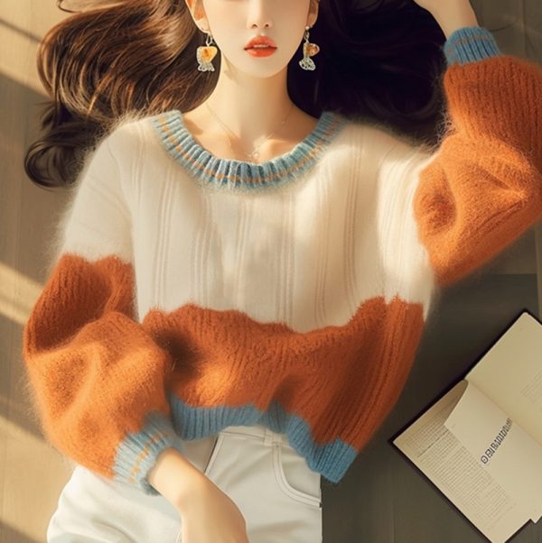 Autumn And Winter New Soft Glutinous Orange Round Neck Stitching Sweater - Image 5