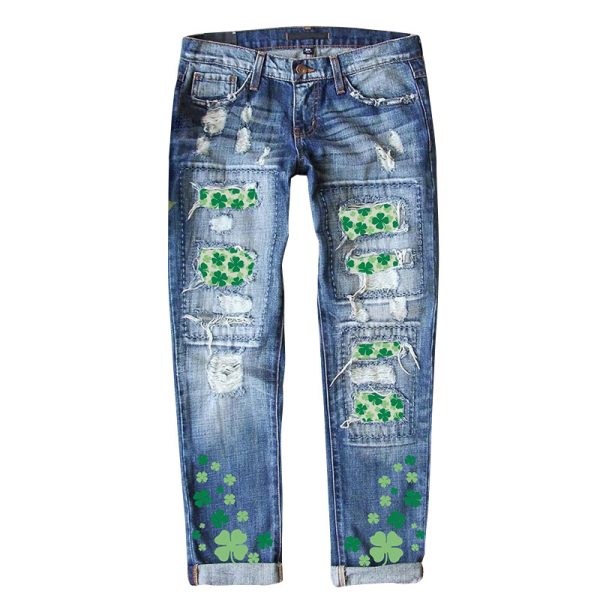 Women's Four-leaf Clover Printed Patch Ripped Jeans - Image 4