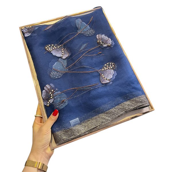 Chinese Style Pearl Flower Scarf Women's Embroidered Silk Scarf Warm Shawl - Image 5