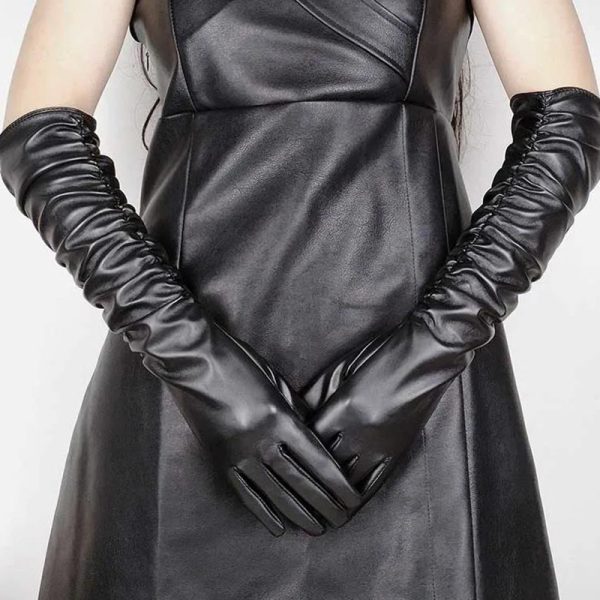 Faux Leather Long Fashion Women's Black Glossy Warm Gloves For Stage Performance - Image 8