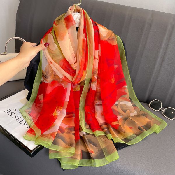 Peony Silk Scarf Women's Long Sun Protection - Image 4