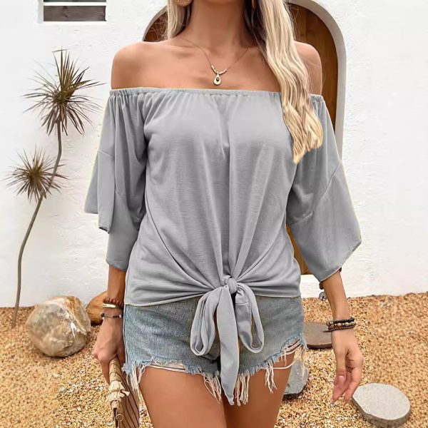 Summer Fall Women's Clothing Solid Color Off-shoulder Casual T-shirt Top - Image 5