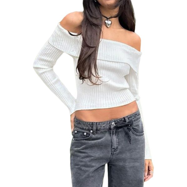 European And American Fashion Short Knitwear Long Sleeve Off-the-shoulder Off-the-neck Pullover Sweater - Image 5