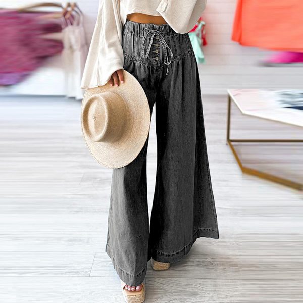 Solid Color High Waist Wide Leg Pants Women European And American Leisure Style Multi Button Jeans Women - Image 2