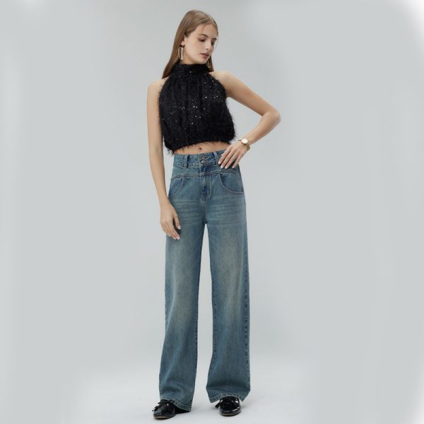 Retro Style High Waist Distressed Wide Leg Mop Pants Women - Image 3