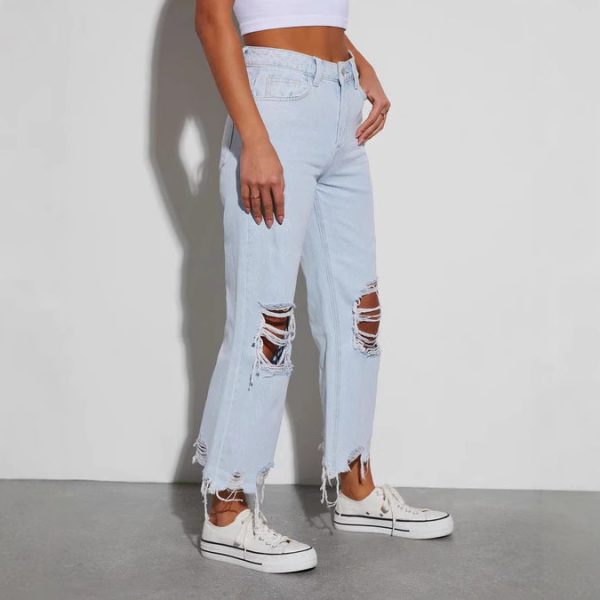 Women's Casual Loose Mid Waist Ripped Cropped Jeans - Image 3