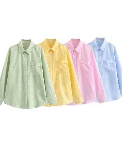 Four-color Striped Single-mouth Pocket Decoration Loose Women’s Shirt