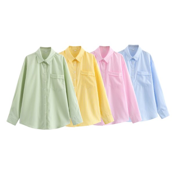 Four-color Striped Single-mouth Pocket Decoration Loose Women's Shirt