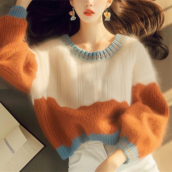 Autumn And Winter New Soft Glutinous Orange Round Neck Stitching Sweater - Image 3