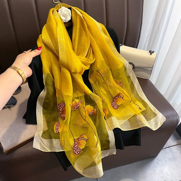 Chinese Style Pearl Flower Scarf Women's Embroidered Silk Scarf Warm Shawl - Image 9