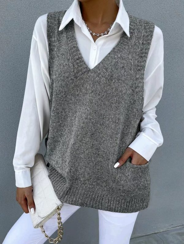 Women's Loose V-neck Double Pocket Knitted Sleeveless Sweater Waistcoat - Image 6