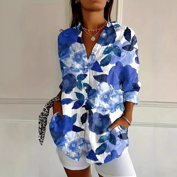 Women's Color Matching Casual Loose Button Digital Printing Shirt - Image 3