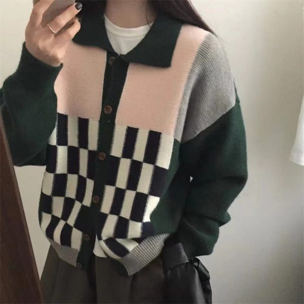 Color Matching Plaid Lapel Single Breasted Knitted Cardigan Sweater - Image 3