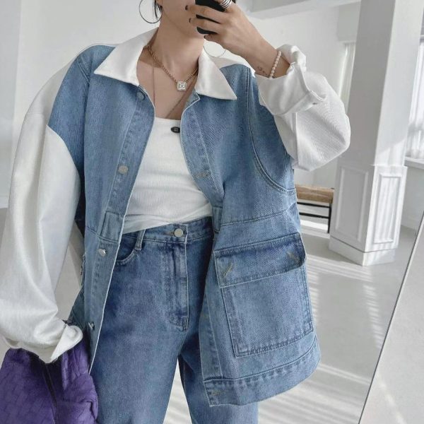 All-matching Fashion Color Contrast Stitching Denim Baggy Coat Women - Image 4