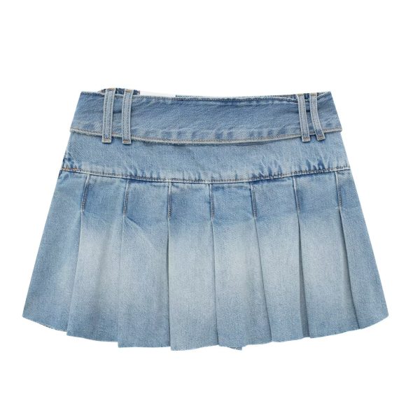 Wide Pleated Waistband Mini Denim Skirt - Image 5